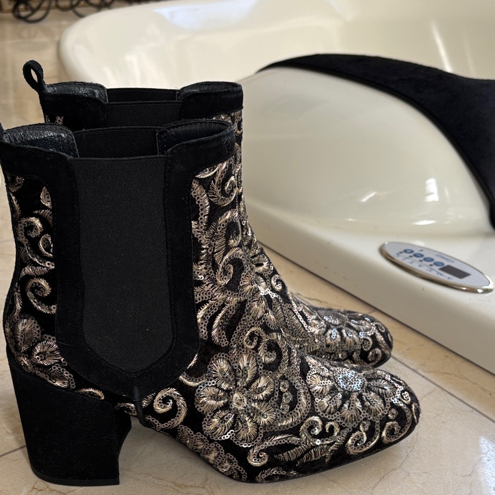 Stuart Weitzman Black and Silver Floral Ankle Boots